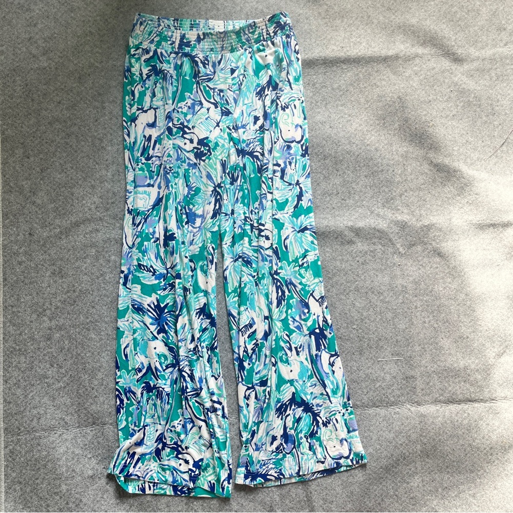 Lilly Pulitzer Wide Leg Pajamas‎ XS Blue Green Floral Print Resort Pull-On